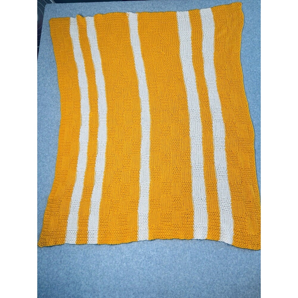 Vintage Hand Crocheted Knitted Baby Blanket Afghan Vibrant Yellow White Stripes